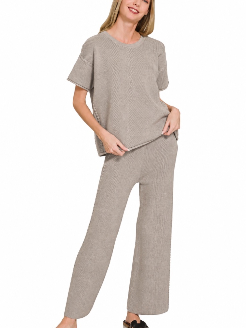 Zenana Premium Viscose Blend Heather Mocha Knit Pants Set NWOT